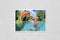 Poster Reproduction of Little child play with fun and train golden labrador retriever puppy in swimming pool - jump and dive underwater to retrieve shell. Active games with Variation Number 2