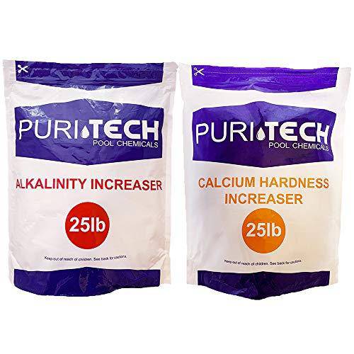 Puri Tech Chemicals 25 lb Calcium Hardness Increaser & 25 lb Alkalinity Increaser Kit for Swimming Pools & Spas Balance Chemical Levels Keep Surfaces & Water Clean