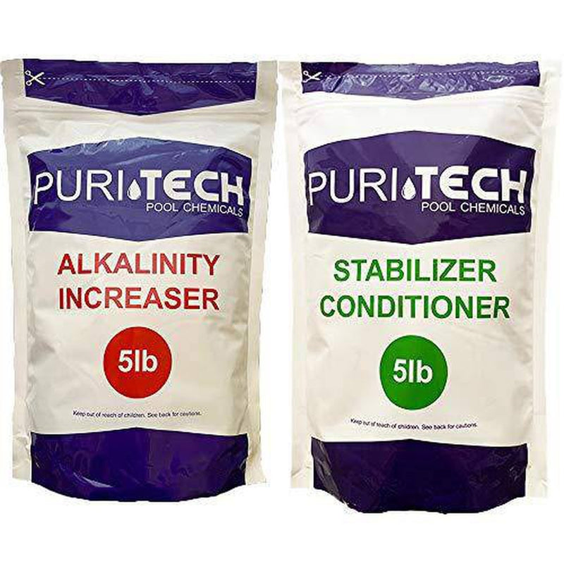 Puri Tech Chemicals 5 lb Alkalinity Increaser & 5 lb Stabilizer Conditioner Kit for Swimming Pools & Spas Balance Chemical Levels Keep Surfaces & Water Clean