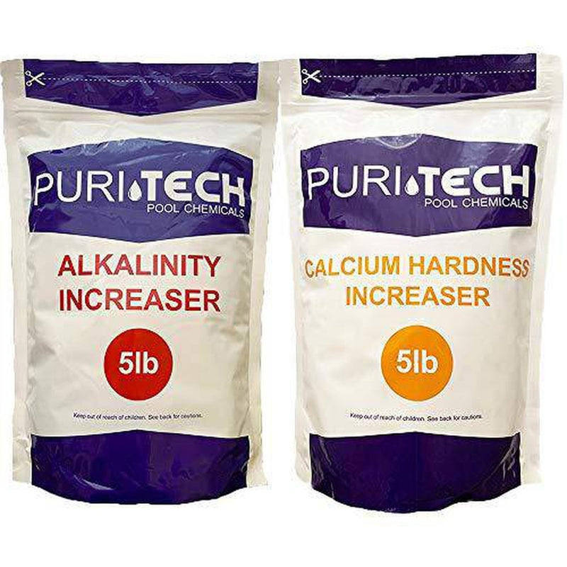 Puri Tech Chemicals 5 lb Calcium Hardness Increaser & 5 lb Alkalinity Increaser Kit for Swimming Pools & Spas Balance Chemical Levels Keep Surfaces & Water Clean