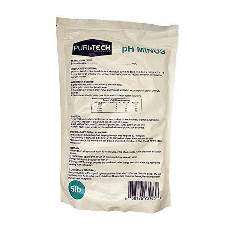Puri Tech Chemicals pH Minus 5lb Resealable Bag for Swimming Pools & Spas pH Decreaser Down Reducer 100% Sodium Bisulfate Lowers Total Alkalinity & pH