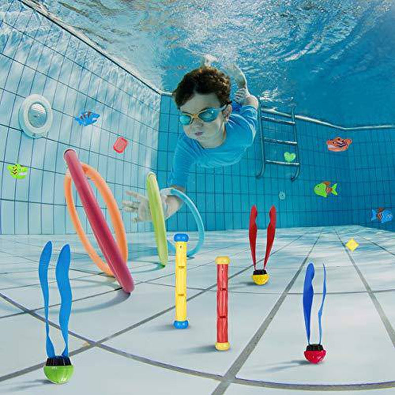 STOBOK 26PCS Swimming Diving Pool Toys Set with Storage Bag,Includes Underwater Diving Sticks, Diving Rings,Diving Fish,Water Grass,Pirate Treasures,Toypedo Bandits,Fish Toys,Swimming Gift for Kids