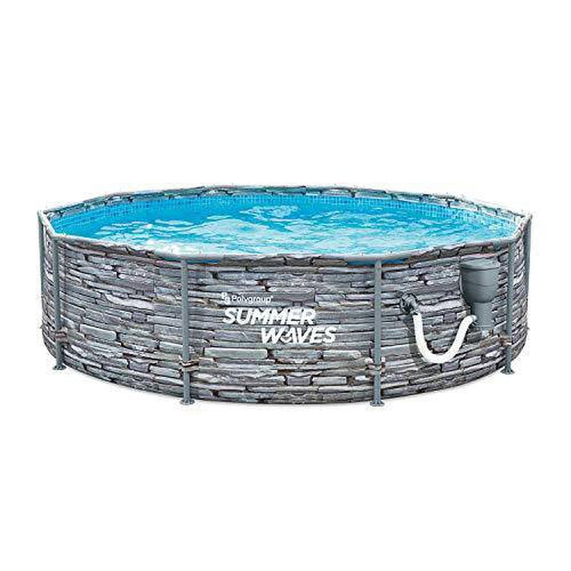 Summer Waves Active 14 Foot x 36 Inch Stone Slate Print Metal Frame Outdoor Backyard Above Ground Swimming Pool Set with Filter Pump, Ladder, and Repair Patch