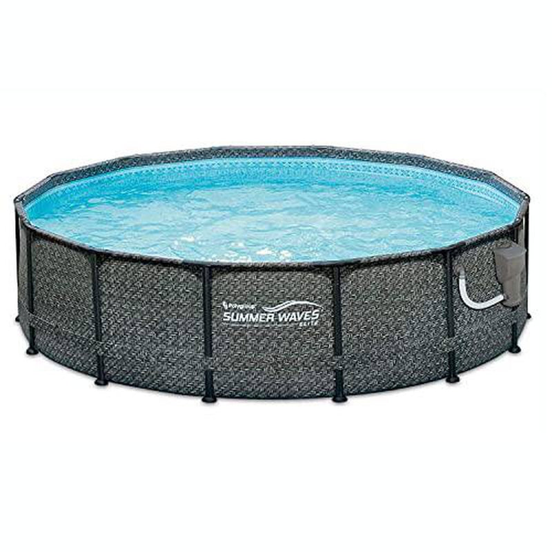 Summer Waves P2001448E14ft x 48in Round Frame Above Ground Swimming Pool Set with Ladder, Skimmer Pump, Cartridge, Solution Blend, and Ladder, Gray