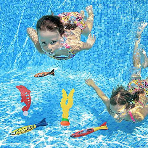 Swimming Pool Toys, 16 pcs Kids Diving Toys Diving Rings Sinkers Dive Seaweed Gemstones Dolphin Plastic Pieces for Swim Training, Summer Water Toys Swim Toys Diving Game (1 Set)