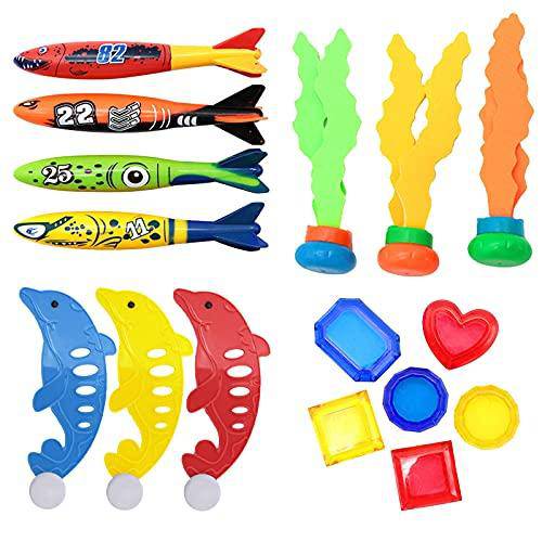 Swimming Pool Toys, 16 pcs Kids Diving Toys Diving Rings Sinkers Dive Seaweed Gemstones Dolphin Plastic Pieces for Swim Training, Summer Water Toys Swim Toys Diving Game (1 Set)