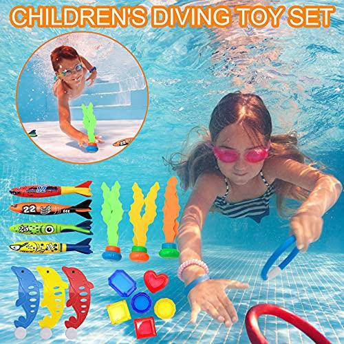 Swimming Pool Toys, 16 pcs Kids Diving Toys Diving Rings Sinkers Dive Seaweed Gemstones Dolphin Plastic Pieces for Swim Training, Summer Water Toys Swim Toys Diving Game (1 Set)