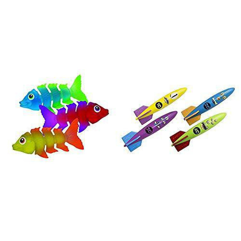 SwimWays Fish Styx Pool Diving Toys - Sinking Fish-Shaped Swim Toys - Pack of 3 & Toypedo Bandits Pool Diving Toys - Sinking Torpedo Swim Toys - Pack of 4, Colors Vary, (12298)