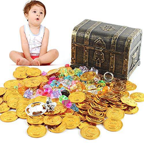 TBoxBo Toys Kids Pirate Treasure Chest Retro Nautical Cove Pirates Treasure Chest Box Pirate Treasure Map and Gold Coins/Gems(Bronze)