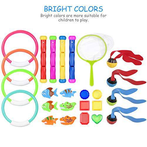 TOYANDONA 26PCS Underwater Swimming Diving Pool Toy Include Rings,Diving Sticks,Diving Fish,Pirate Treasure,Dive Grass and Storage Bag Water Games Training Gift for Boys Girls