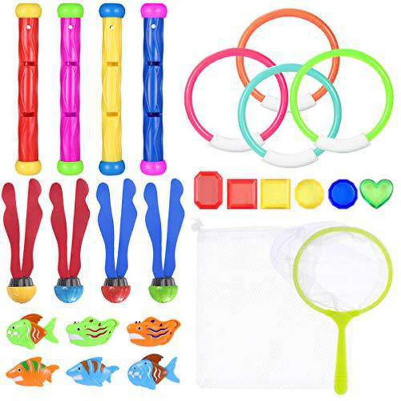 Toyvian 26PCS Underwater Swimming Diving Pool Toy Diving Rings, Diving Sticks, Water Grass, Fishing Kit, Pirate Treasures and Storage Bag Sets Under Water Games Training Gift for Boys Girls