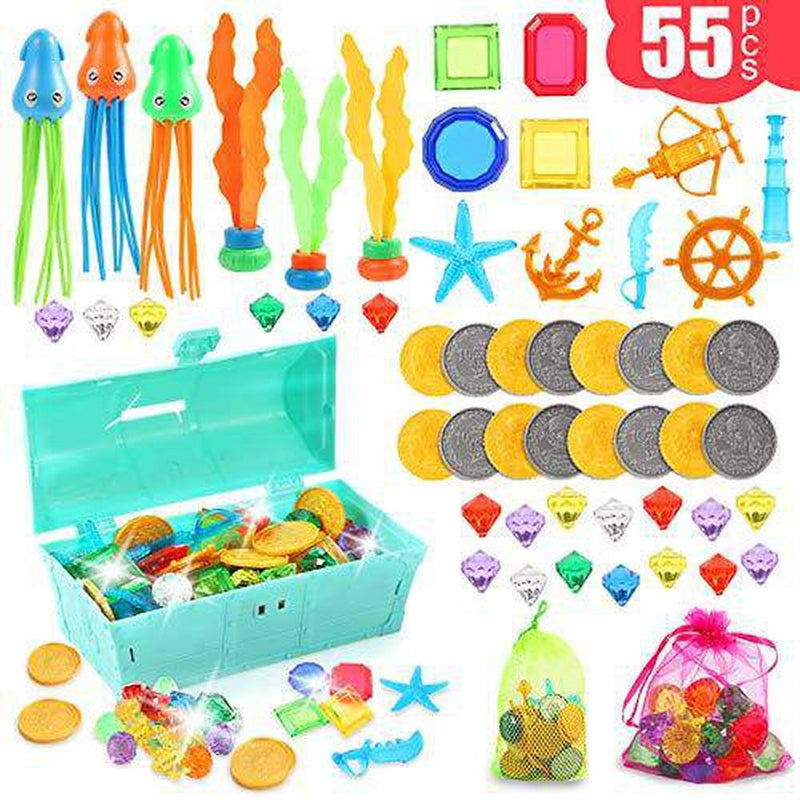 Tuptoel Pool Toys, 55Pcs Summer Diving Toys - Gems, Octopus, Diving Ball, Pool Treasure Chest Set - Underwater Games Swimming Pool Toys for Kids/Teens/Adults 6 7 8 9+ (Blue)