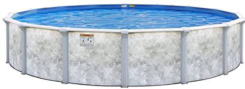 Under the Sun Pool 24 Ft Round x 52 Inch H Above Ground Greyson Galvanized Steel Baked Enamel 7 Inch Top Seat - Solid Blue GLI Overlap Liner - Wide Mouth Wall Skimmer Kit