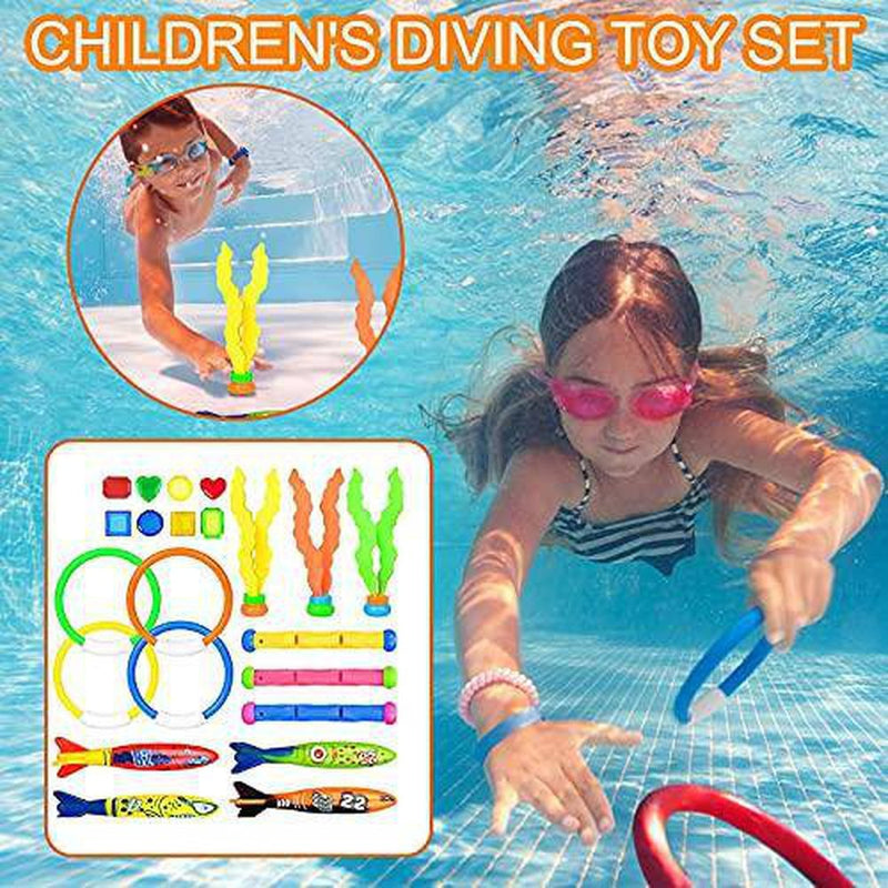 Underwater Swim Pool Diving Toy,Diving Pool Toys for Kids 3-10,Summer Water Toys SetsIncluded Pool Torpedo Diving Rings Sticks Shark Toy Storage Bag Perfect Swimming Pool Games for Kids(22 PCS)