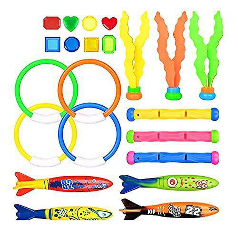 Underwater Swimming Toys 22Pack, Dive Toys with Storage Bag, Scu Ba Diving Water Rings Seaweed Torpedo Bandits and Balls for Children (AS Shown)