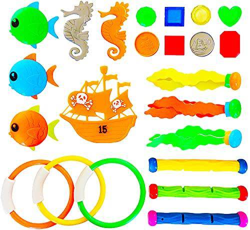 VIVEMCE Pool Diving Toy , Underwater Swimming Toys with Diving Rings, Diving Sticks, Diving Fish, Diving Gems, Diving Octopus, Pirate Ship for Kids(Set of 23)