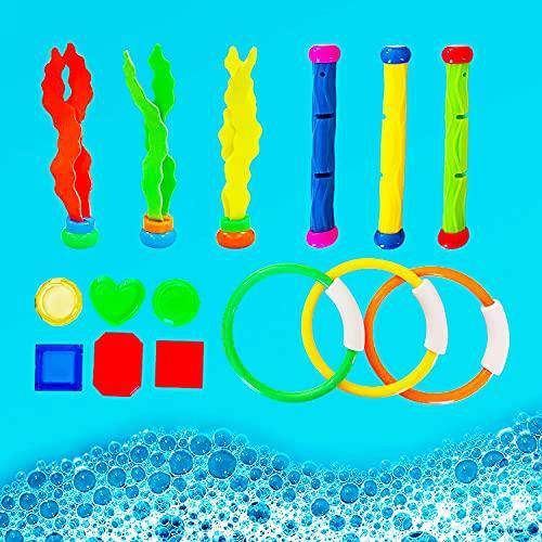 VIVEMCE Pool Diving Toy , Underwater Swimming Toys with Diving Rings, Diving Sticks, Diving Fish, Diving Gems, Diving Octopus, Pirate Ship for Kids(Set of 23)