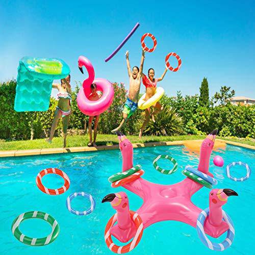 Voiiake Flamingo Inflatable Pool Ring Toss, Pool Toys for Kids with 6pcs Rings, Swimming Pool Games for Adults and Family