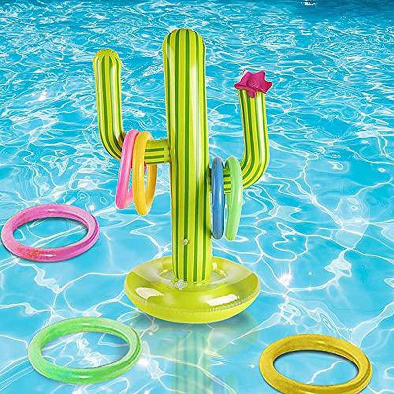 voloki Inflatable Cactus Ring Toss Pool Games Toys, Target Toss Floating Swimming Ring Toss with Inflatable Cactus and 4 Color Rings for Kids Toys and Pool Party Game