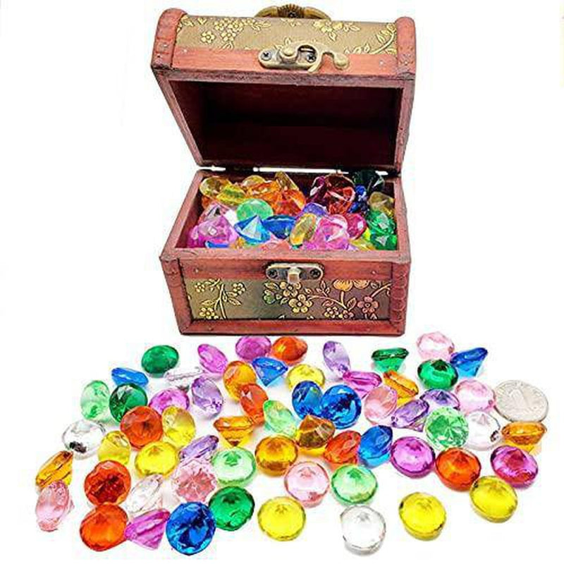 wujomeas Dive Gem Pool Toys Treasure Box - 100 Pieces Colorful Diamond with Treasure Box Treasure Hunt Game Set, Summer Swimming Diving Looking for Pirate Box Gems Toy for Kids