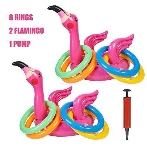 YHmall Inflatable Flamingo Ring Toss Game, Inflatable Pool Toys for Pool Beach Party, 2 Inflatable Flamingos and 8 Floating Rings for Party Games