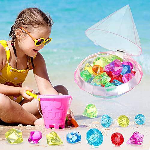Zhanmai 42 Pieces Diving Gem Pool Toy Set Pool Treasure Chest Includes 40 Colorful Diamond Shaped Acrylic Gems 1 Big Treasure Box and 1 Mesh Bag for Boys and Girls Underwater Swimming Toy (Pink)